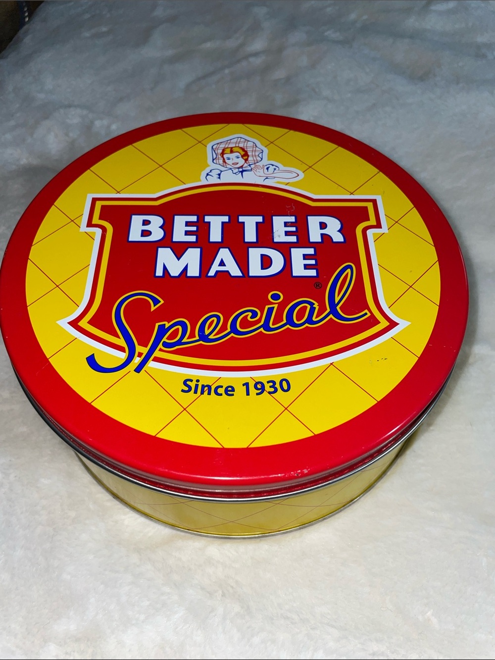 Better Made Special Round Tin - Yellow & Red -22 1/2” around, 2 1/2” tall